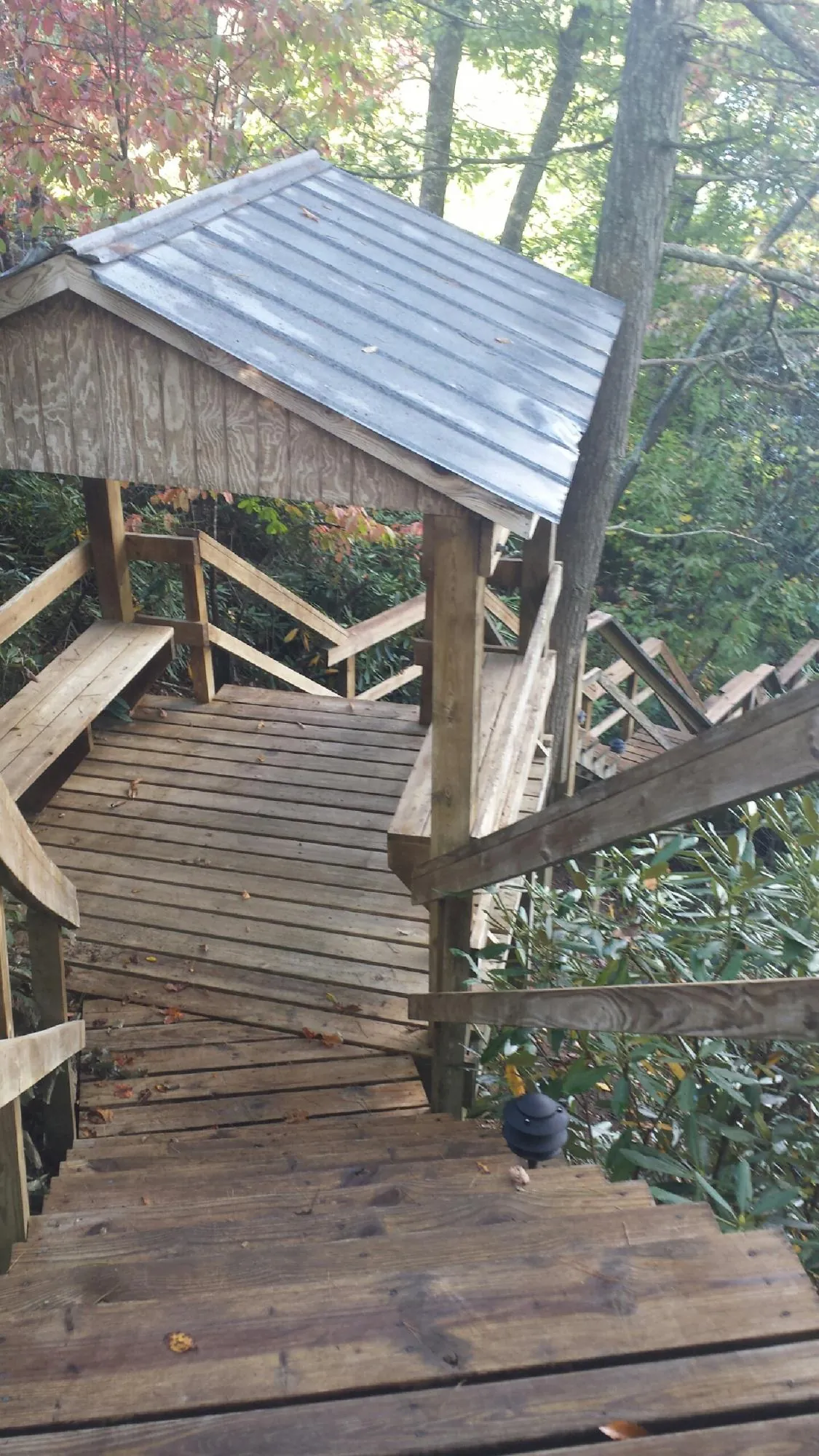 Metal roofed shelter over wooden steps on a wooded walkway — Skylight Repair & Installation work by our crew in Horace